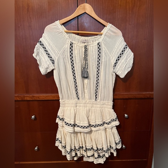 Love Shack Fancy Popover Embroidered Cream & Black Ruffle Mini Dress Size S - Picture 2 of 4